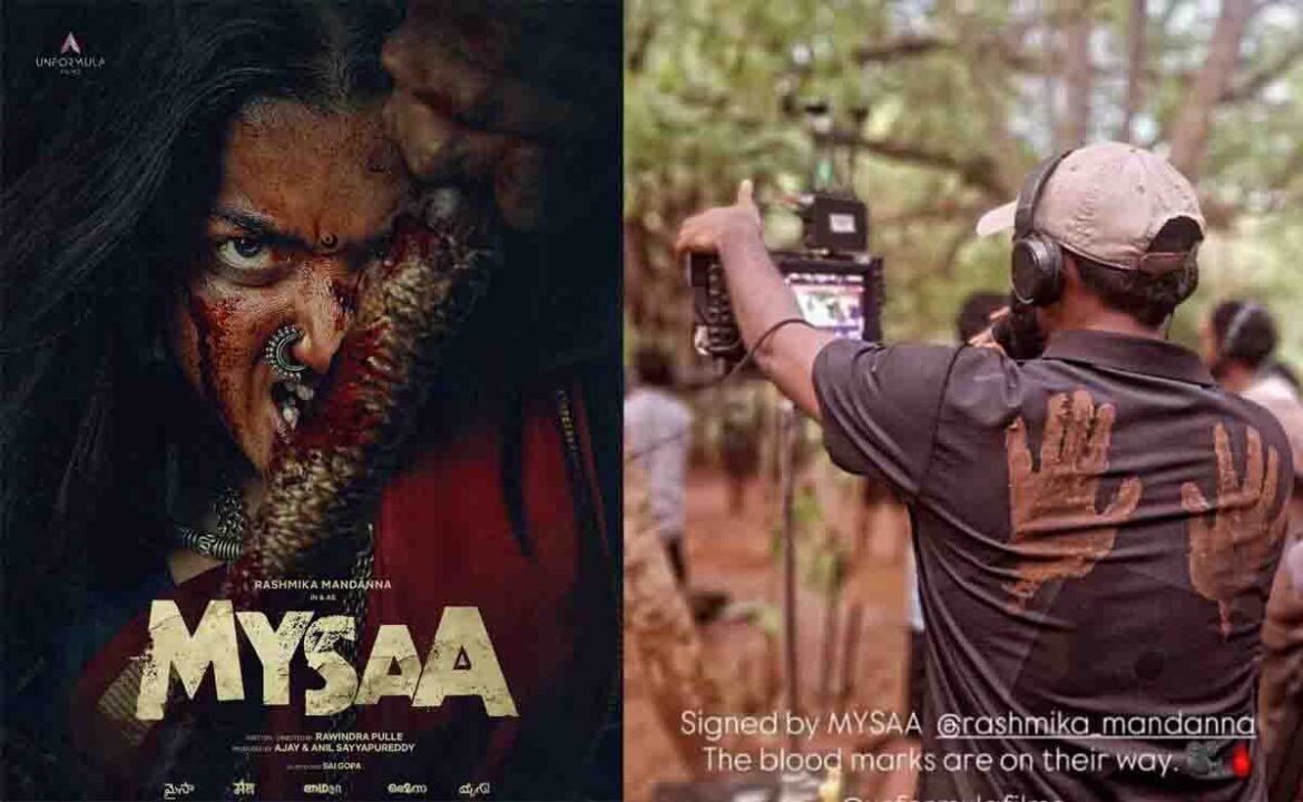 Mysaa BTS photo featuring Rashmika Mandanna production team during shoot